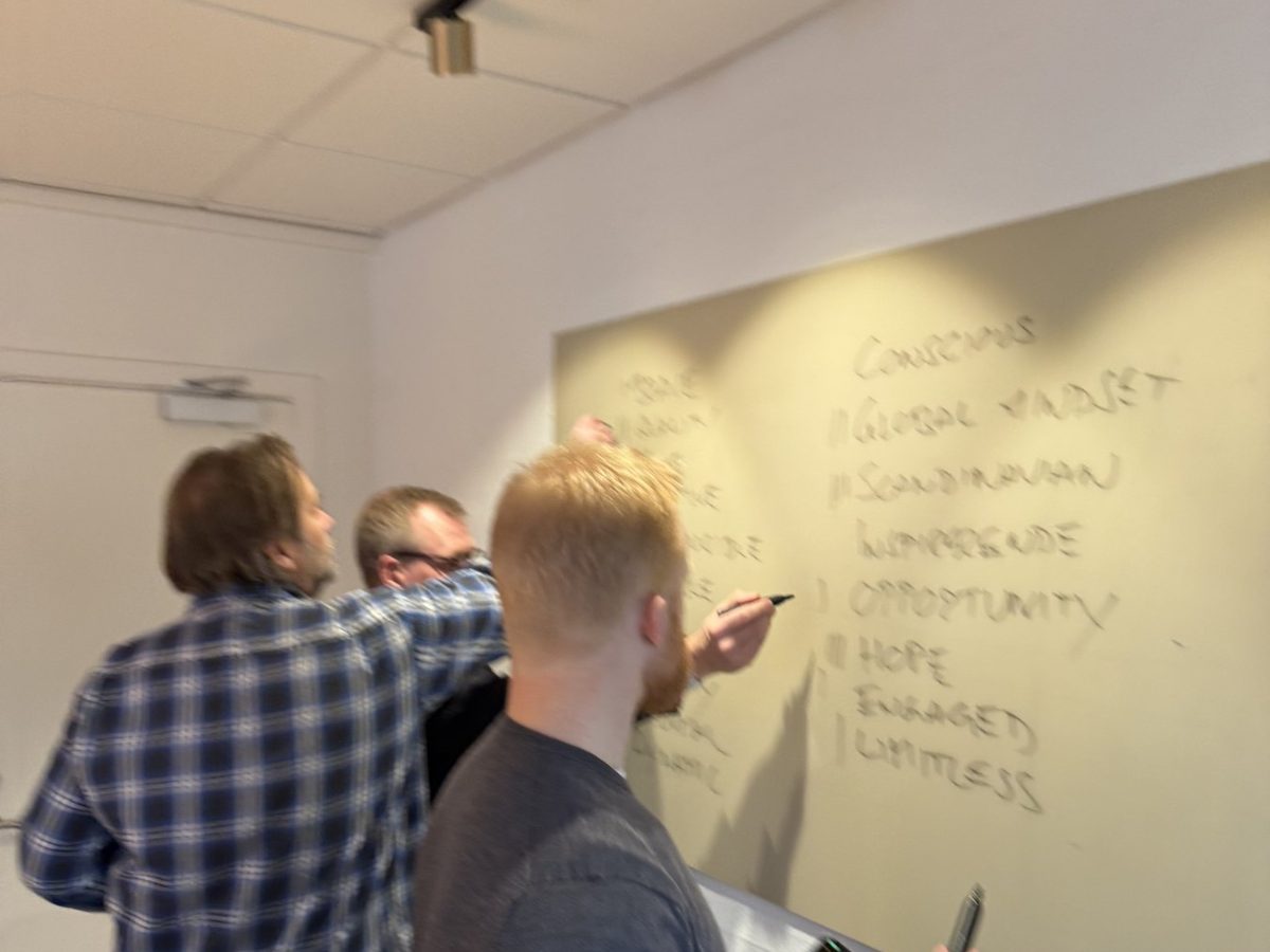 Deltagere arbejder ved tavlen på et internt Enneagram-forløb